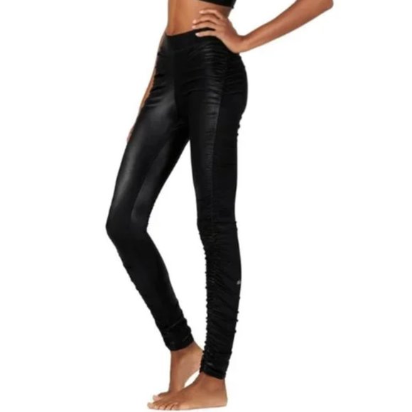 Alo Yoga High Waist Ruched Cinched Leggings Black Shine Size Medium NWT - Picture 3 of 6